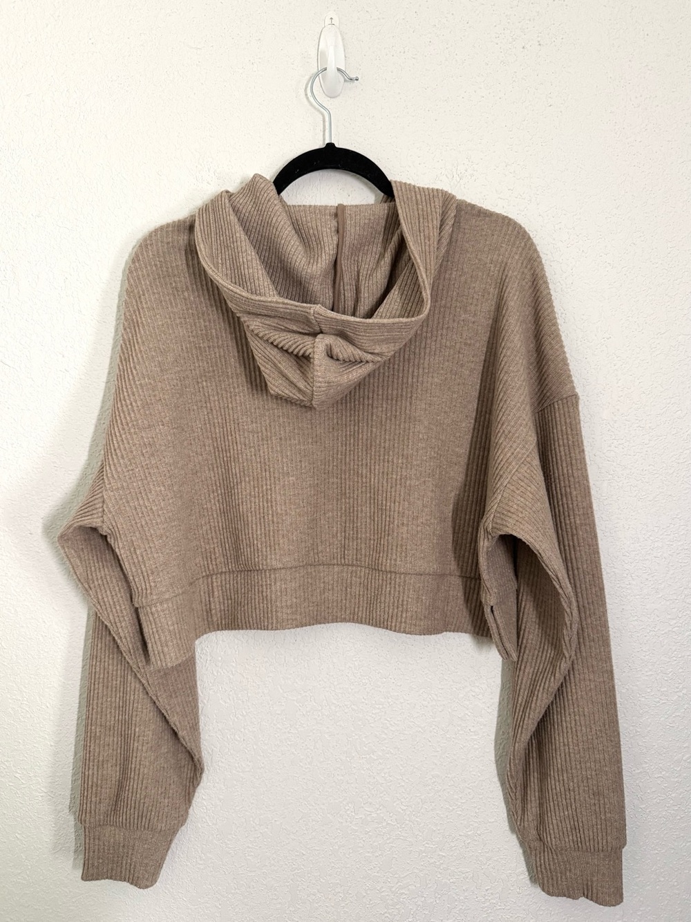 ALO Yoga Muse Cropped Soft Ribbed Knit Hoodie in Gravel Heather Medium - Picture 5 of 5